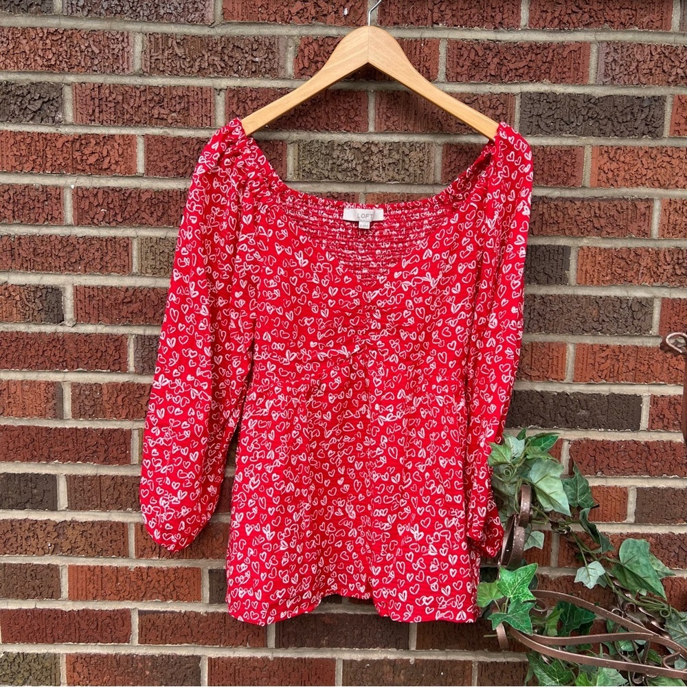 LOFT Red and White Heart Patterned Sweetheart Cut Balloon Sleeve Chiffon Top